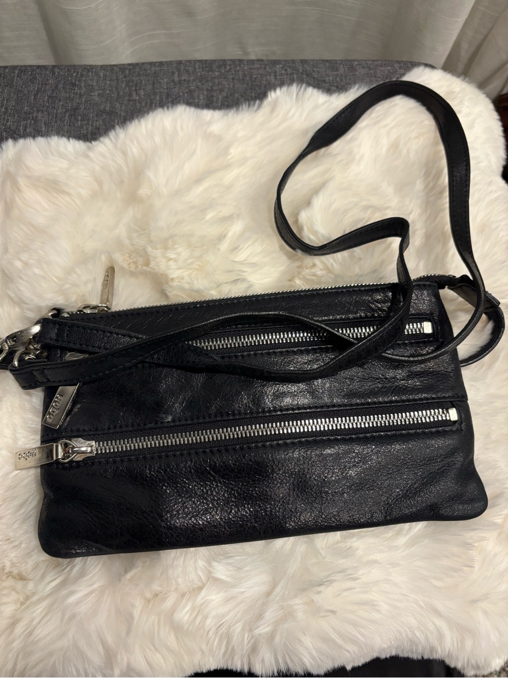HOBO Black Leather Crossbody Bag with Silver Zippers
